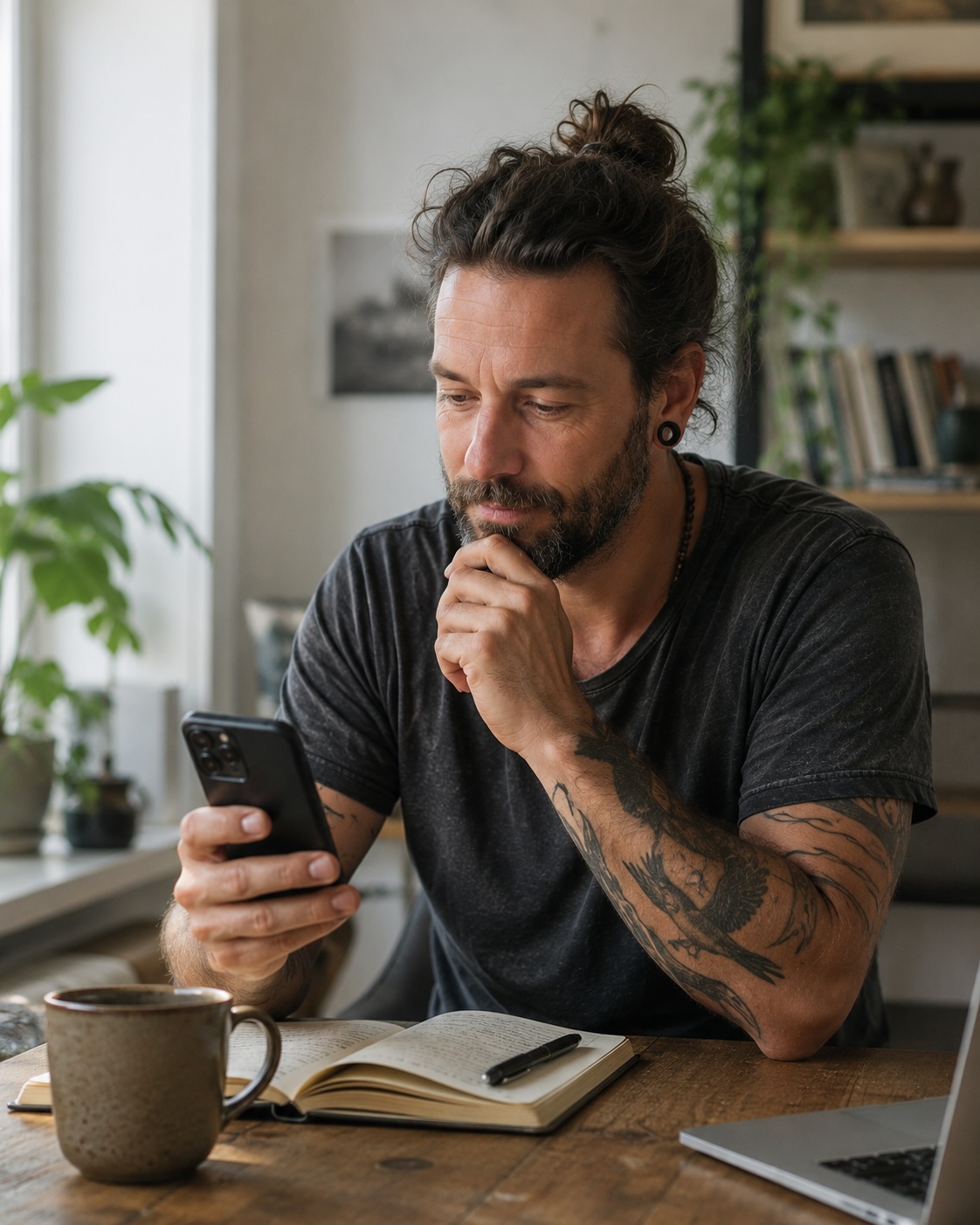 Person som reflekterar med telefon och anteckningsbok